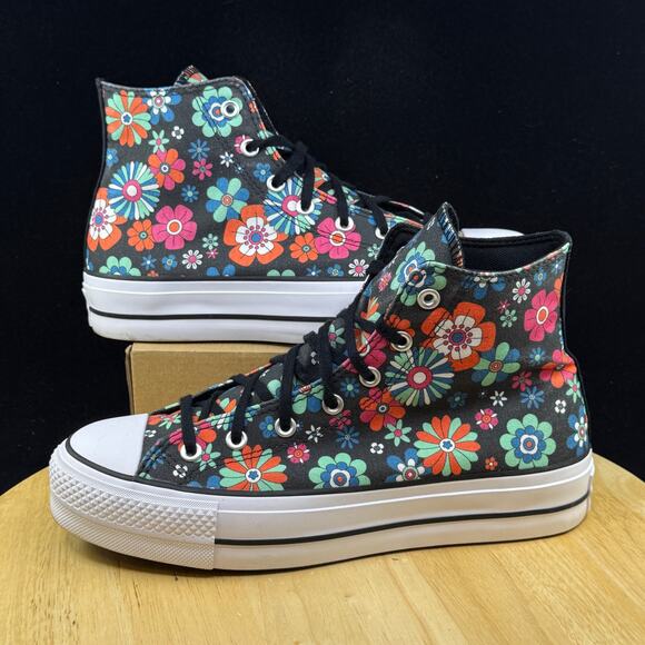 Womens size 10 Converse Chuck Taylor All Star Lift Hi Black Y2K Floral PLATFORM - Picture 1 of 10